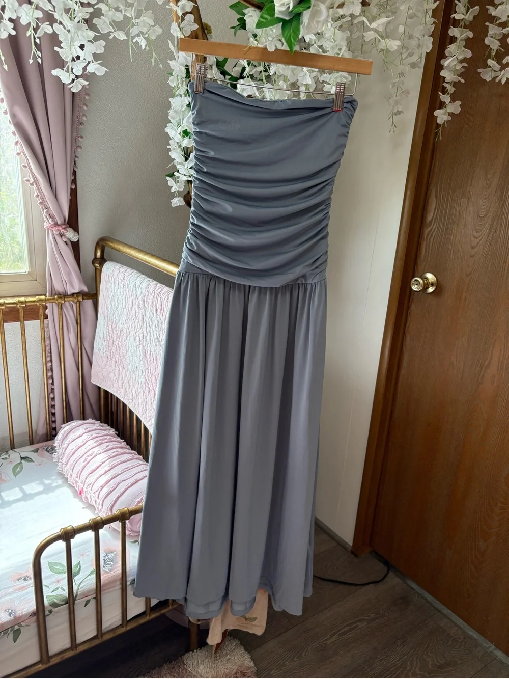 NIA Santal Strapless Ruched Midi Dress in State Blue - Picture 6 of 12